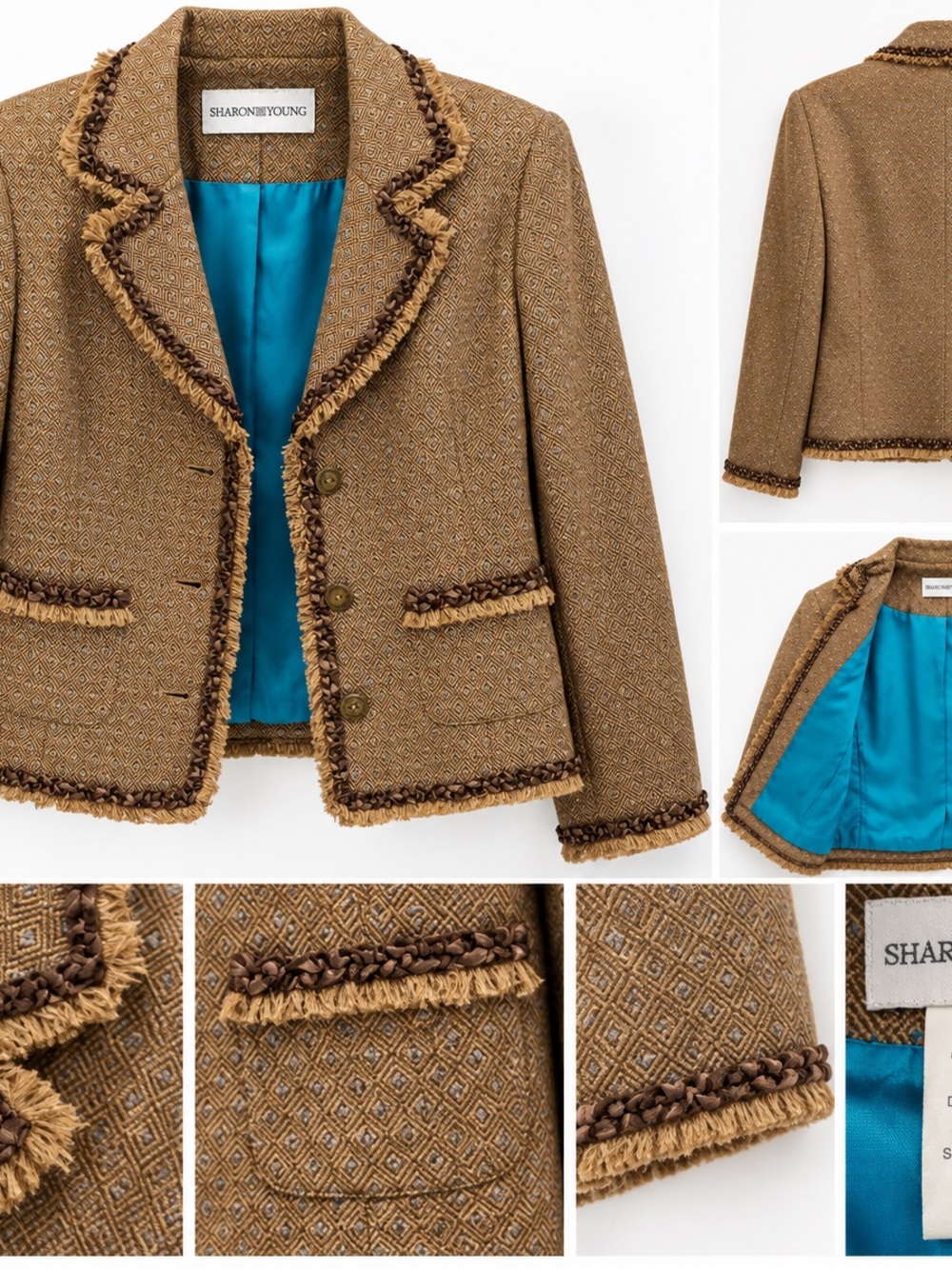 Sharon Young Womens Tan & Brown Tweed Cropped Blazer